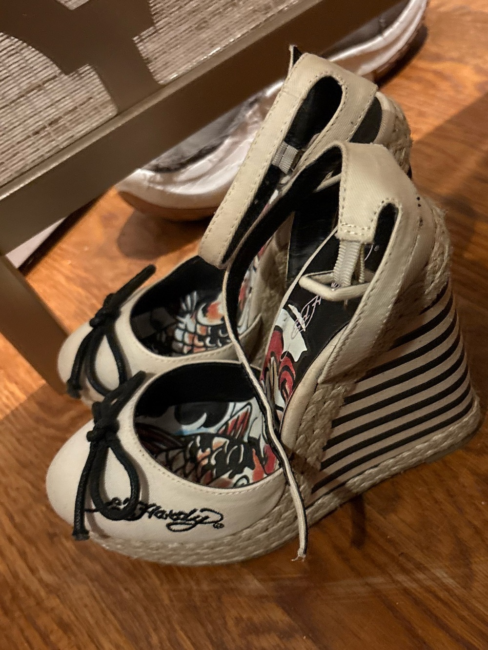 Ed Hardy Cream and Black Striped Espadrille Wedge Sandals - Picture 2 of 10